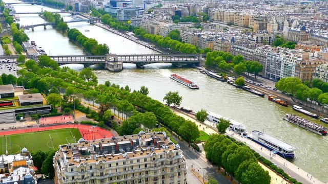 4K Seine River in Paris, City Aerial View from Eiffel Tower, France
