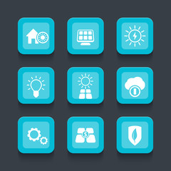 Solar energy, electricity, sun powered, blue rounded square icons, vector illustration