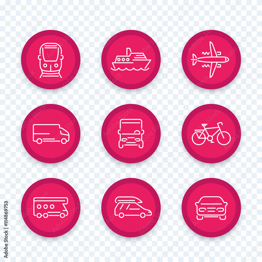 Sticker Transport line icons, train, plane, ship, car, van, bus, vector illustration