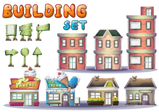 Cartoon vector building set for game and animation, game design asset