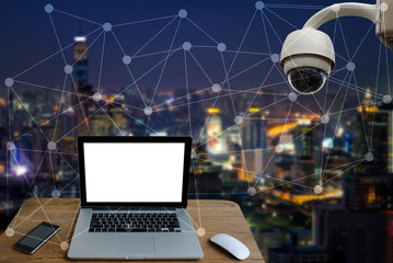 labtop and city scape and network connection concept