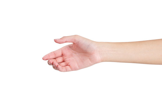 Woman's hands giving her hand for handshake, front side, isolated on white background.