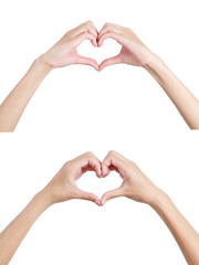 Fototapeta premium Woman's hands shaping a heart symbol front and back side, Isolated on white background.