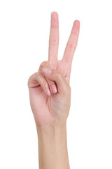 Obraz premium Woman's hand gesturing sign victory front side, Isolated on white background.