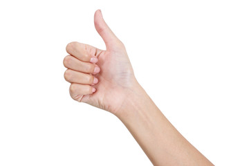 Woman's hand gesturing sign thumbs up front side, Isolated on white background.