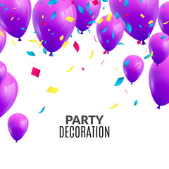 Vector happy birthday card with colorful balloons and confetti, party invitation.