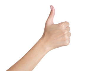 Woman's hand gesturing sign thumbs up back side, Isolated on white background.