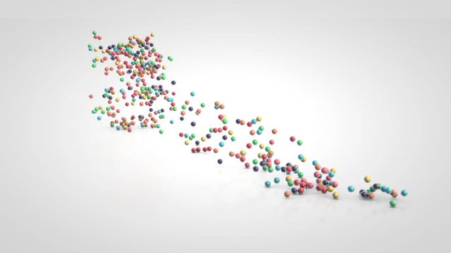 CountDown from 5 to 1 with moving a swarm of glossy colorful 3d balls on a white background
