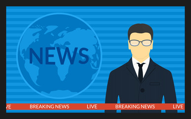 vector illustration.TV screen with the breaking news. Male news anchor