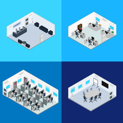 vector illustration. The interior of the office - reception, conference room, open office space, room managers. Isometric, infographics, 3D