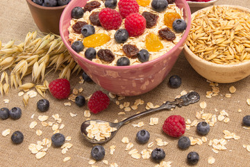 Healthy porridge with fruits on canvas