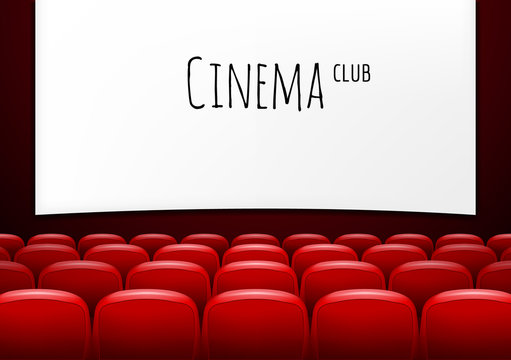 Movie theater with row of red seats. Premiere event template. Super Show design. Presentation concept with place for text