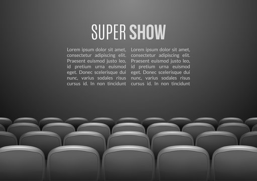 Movie theater with row of gray seats. Premiere event template. Super Show design. Presentation concept with place for text