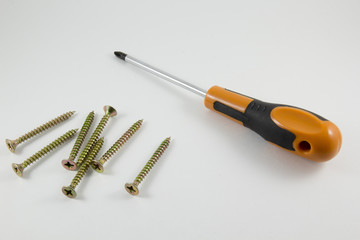 Screwdriver and screws on a white background