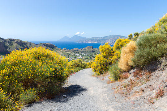 Hiking trail at Vulcano, Aeolian Islands near Sicily, Italy
