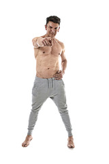 Fototapeta premium 40s hispanic sport man and bodybuilder posing happy with strong naked torso showing fit muscular body