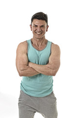 40s man bodybuilder smiling happy in corporate cross arms pose wearing singlet