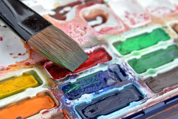 Fototapeta premium Set Of Watercolors Paints And Flat Brush