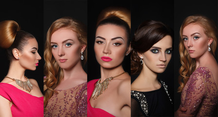 Fototapeta premium Beautiful collage of sexy bright makeup emotional women with hot lips. Closeup beauty faces