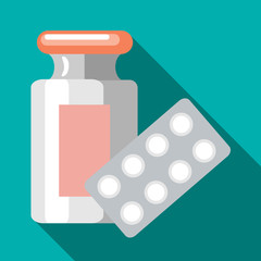 Pills in blister pack and bottle icon in flat style with long shadow