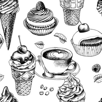 Image of the ice cream cone with berry, cake, cup of coffee. Vector illustration.