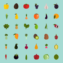 Set of forty color flat fruits and vegetables icons