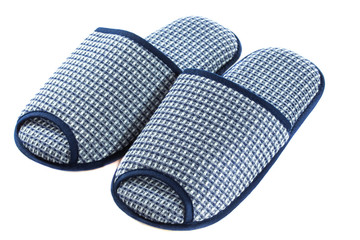 A pair of blue slippers on a white background.