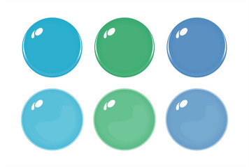 Illustration of icon bottons isolated on white. Set of light blue, green, blue color labels, 6 bottons. Multi-colored glass balls. Vector 