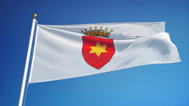 Kingdom of Tavolara flag waving in slow motion against clean blue sky, seamlessly looped, close up, isolated on alpha channel with black and white matte, perfect for film news digital composition