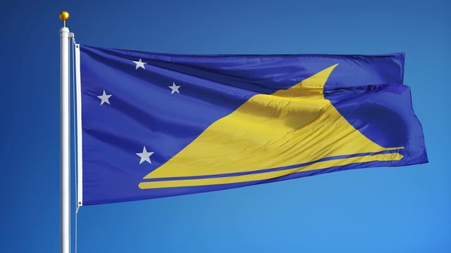 Tokelau flag waving in slow motion against clean blue sky, seamlessly looped, close up, isolated on alpha channel with black and white luminance matte, perfect for film, news, digital composition