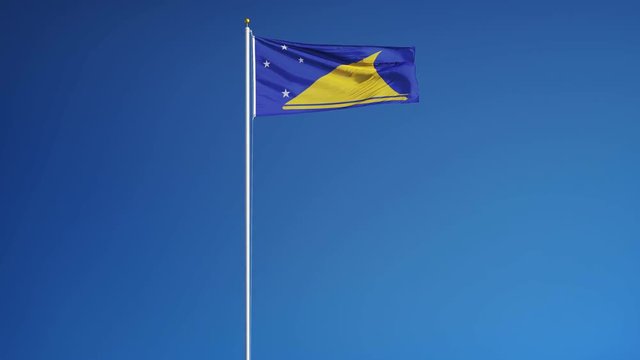 Tokelau flag waving in slow motion against clean blue sky, seamlessly looped, long shot, isolated on alpha channel with black and white luminance matte, perfect for film, news, digital composition