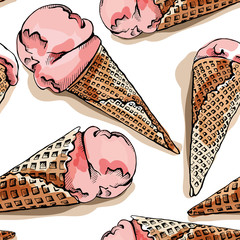 Seamless pattern with a Fruit Ice Cream cone. Vector illustration.