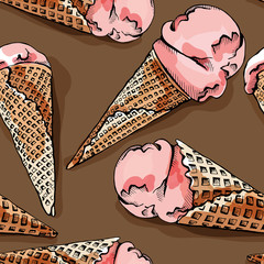 Seamless pattern with a Fruit Ice Cream cone. Vector illustration.