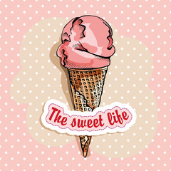 Poster with image of a Fruit Ice Cream cone. Vector illustration.