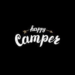 Happy Camper hand written lettered badge phrase.