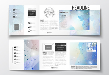 Set of tri-fold brochures, square design templates. Abstract colorful polygonal background, modern stylish triangle vector texture.