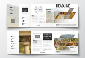 Set of tri-fold brochures, square design templates. Colorful polygonal backdrop, blurred background, nature landscape, modern stylish triangle vector texture.
