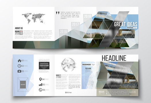 Set of tri-fold brochures, square design templates. Colorful polygonal background, blurred image, urban scene, modern stylish triangular vector texture.