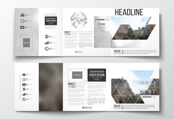 Set of tri-fold brochures, square design templates. Polygonal background, blurred image, urban landscape, modern stylish triangular vector texture.