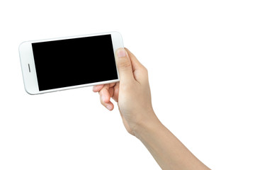 Hand holding smart phone isolated on white background, with clipping path