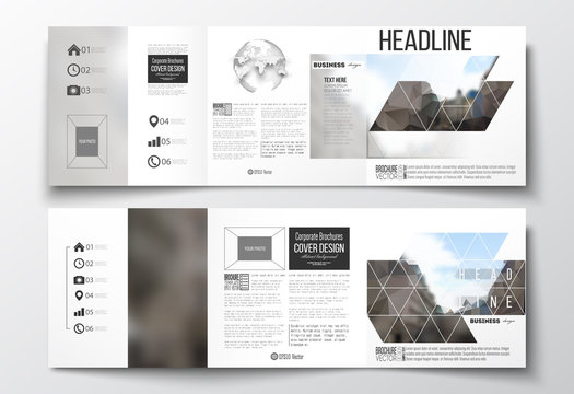 Set of tri-fold brochures, square design templates. Polygonal background, blurred image, urban landscape, modern stylish triangular vector texture.