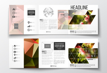 Set of tri-fold brochures, square design templates. Colorful polygonal floral background, blurred image, pink flowers on green, modern triangular texture