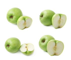 Green apple next to a slice isolated