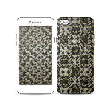Mobile smartphone with an example of the screen and cover design isolated on white background. Islamic gold pattern, overlapping geometric square shapes forming abstract ornament. Vector stylish