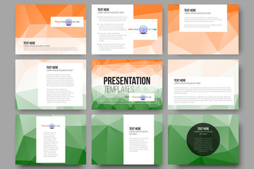 Set of 9 templates for presentation slides. Happy Indian Independence Day background with Ashoka wheel and national flag colors, vector illustration.