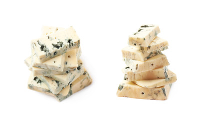 Pile of blue cheese slices isolated