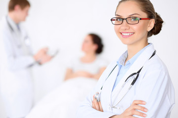 Fototapeta premium Call center operators. Young beautiful business woman in headset. 