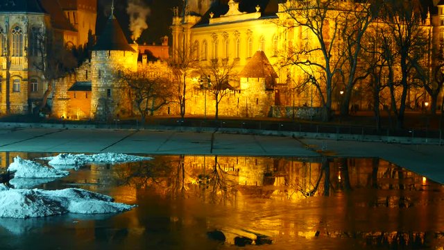 The illuminated Vajda Hunyad Castle at wintertime in Budapest, Hungary.	
