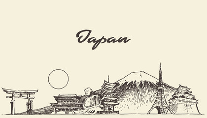 Japan skyline vector illustration drawn sketch