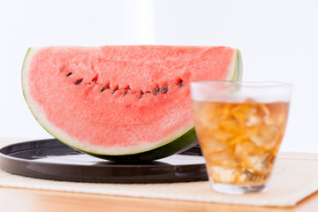 スイカ、茣蓙、ござ、盆